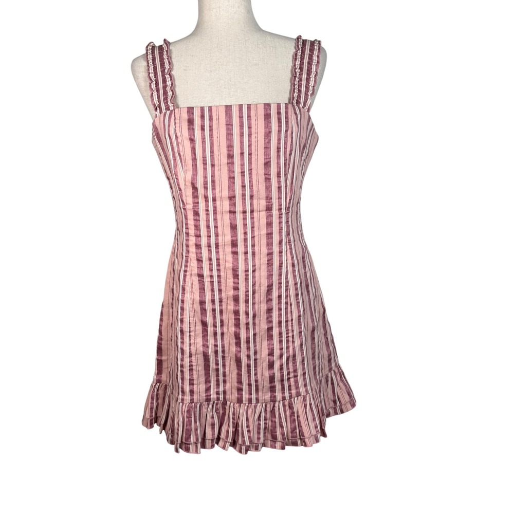 Alexis Striped Mini Dress Womens Large Pink Linen Cotton Boho Ruffle Coastal 672